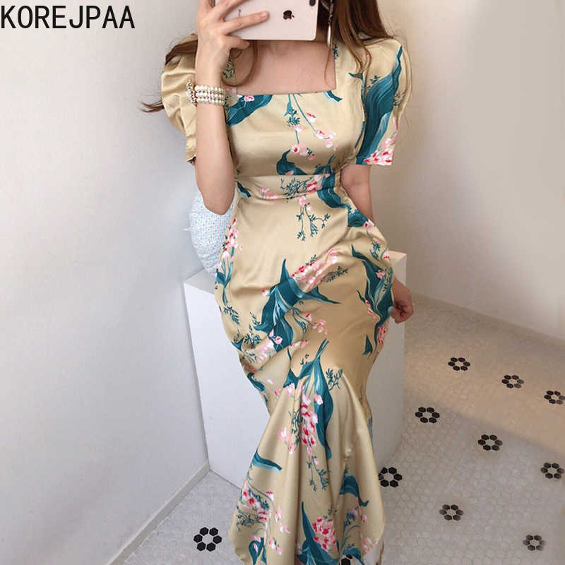 

Korejpaa Women Dress Summer Korean Chic French Elegant Ink Color Square Neck Tie Waist Slimming Puff Sleeve Split Vestidos 210526, Blue