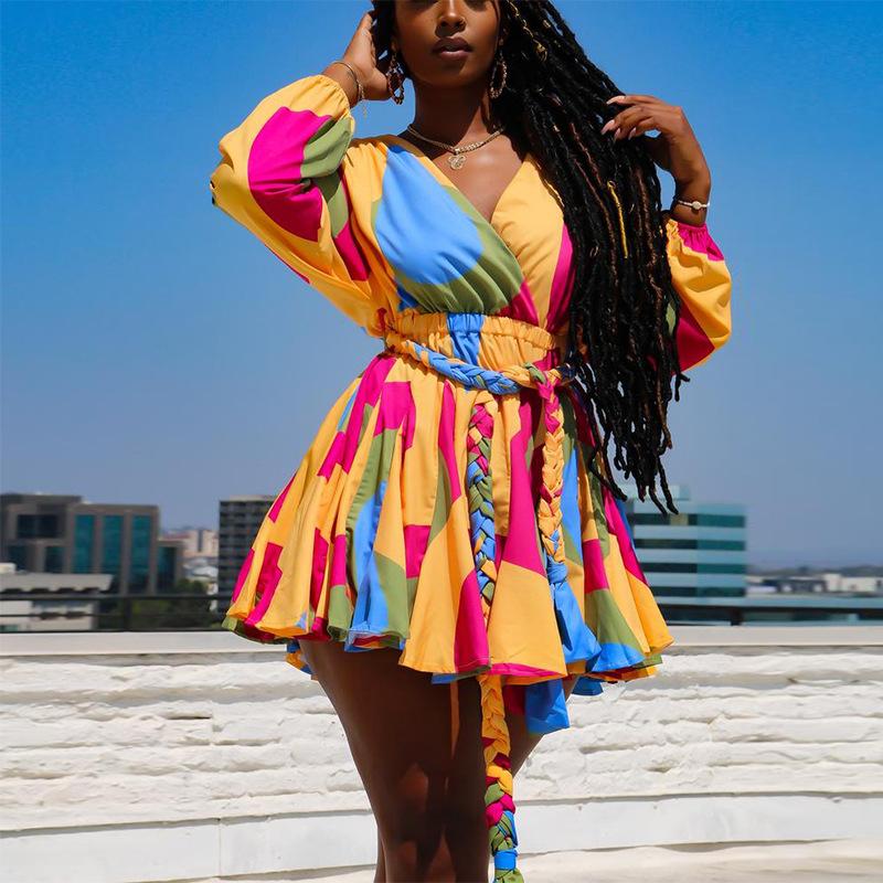 

Plus Size Dresses 4XL 5XL Women's Clothing 2021 Tatting Mini Dress Sexy Multicolor Printing V-neck Full Sleeve Sashes Lace-Up, Black