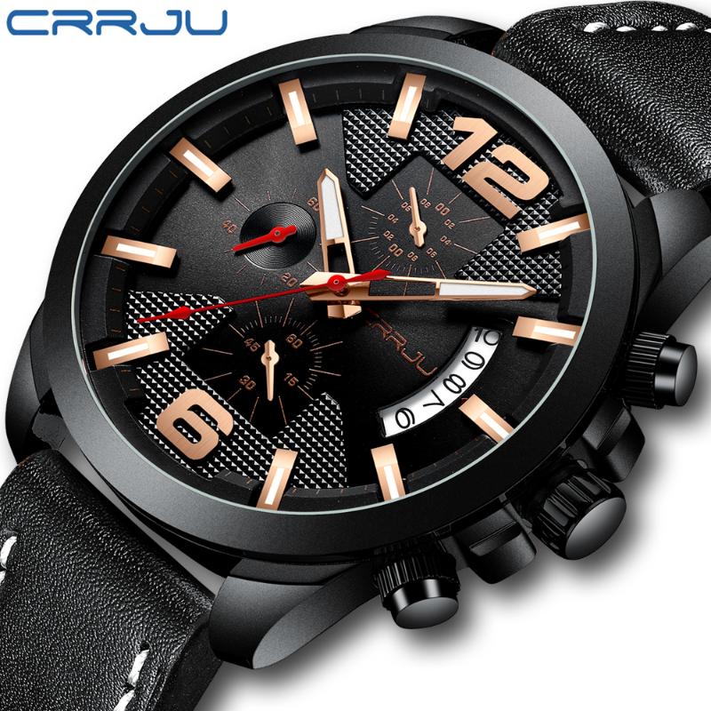 

Wristwatches CRRJU Top Sport Watches Men Big Dial Military Watch Waterproof Leather Band Quartz Clock Relogio Masculino, Black