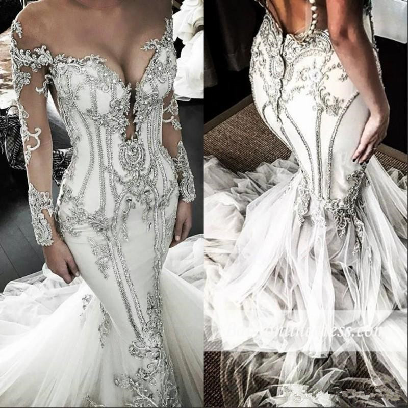 Arabic Mermaid Dresses Sheer Neck Crystals Beads Sequins Plus Size Wedding Dress Lace Appliques Buttons Long Sleeves Bridal Gowns
