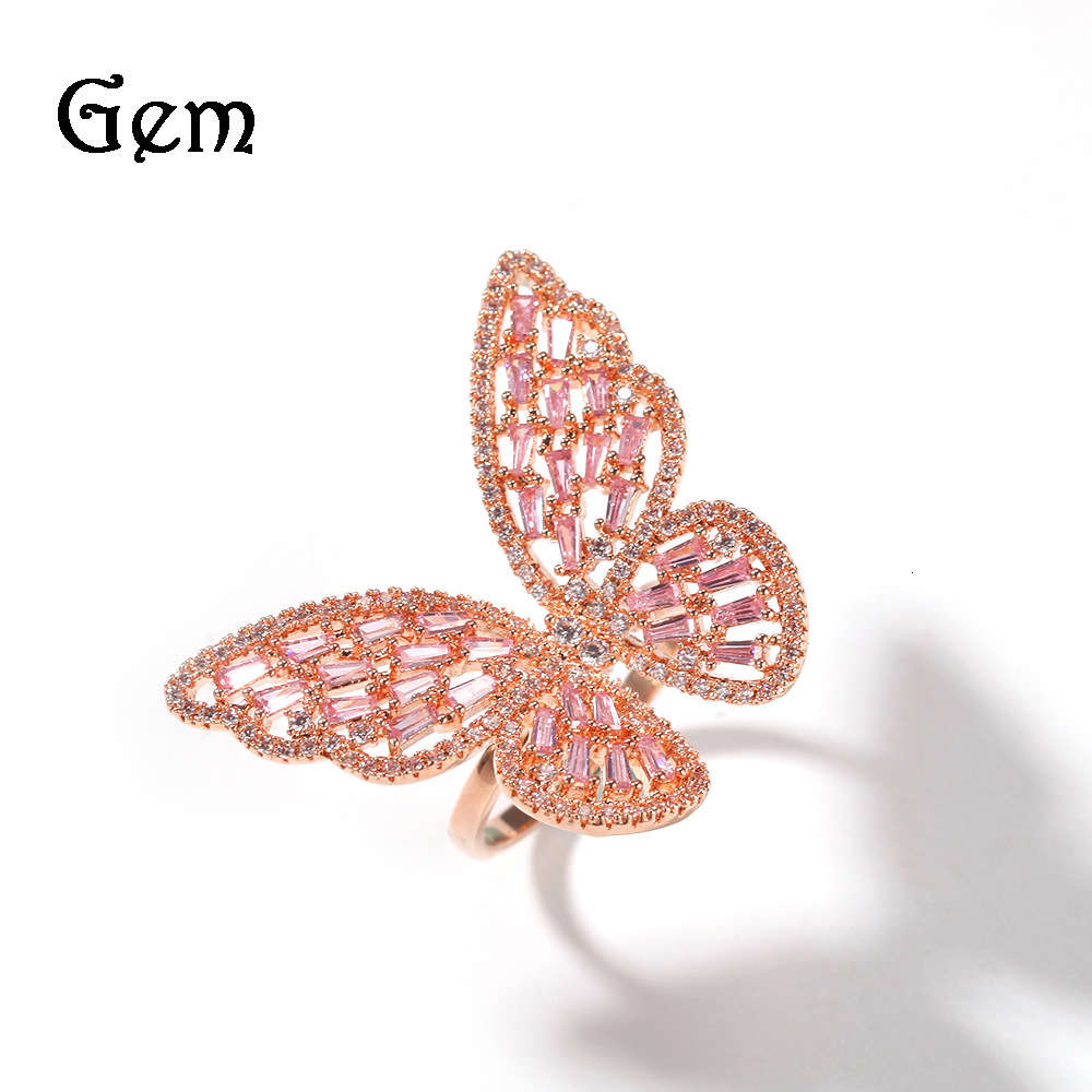 

Hollow out micro inlaid zircon rose gold butterfly ring women's fashion exaggeration color retention electroplating adjustable finger ring