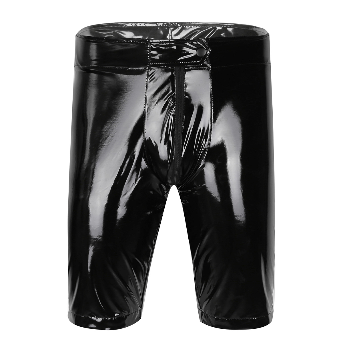 

Mens Sexy Fetish Tight Shorts Wet Look Short Pants Patent Leather Zippered Open Crotch Boxer Shorts Half Pants with Bulge Pouch, Black