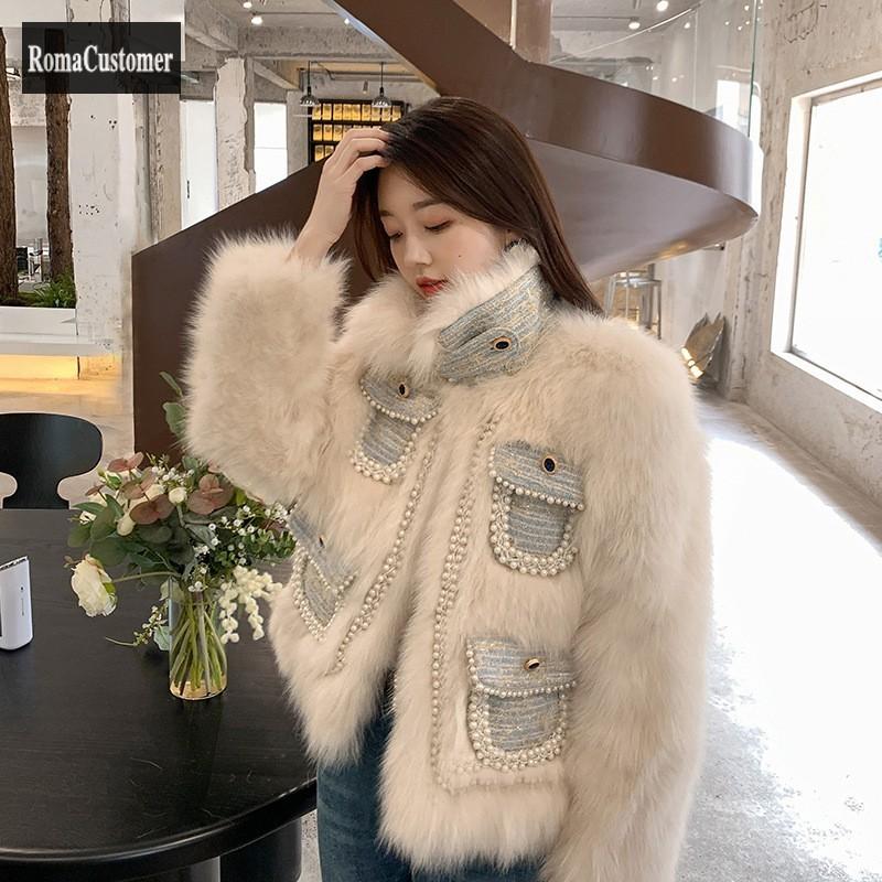 

Women's Fur & Faux Womens Winter Coat Fashion Elegant Short Straight Pearl Beading Casual Korean Female Jackets Overcoat, Black