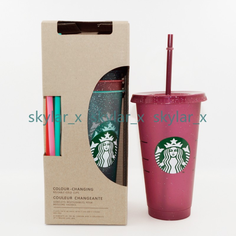 

24OZ/710ml Starbucks Sequins Plastic Tumbler Reusable Clear Drinking Flat Bottom Cup Pillar Shape Lid Straw Mug Bardian L9, White