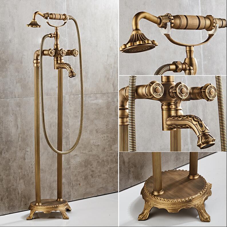 

2021 New Free Standing Carved Faucet Tub Filler Fashion Antique Brass Floor Mount with Hand Shower Bathtub Mixer Taps V37x