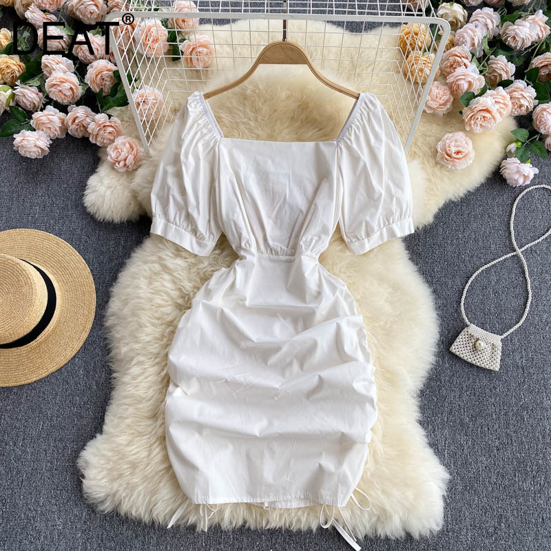 

Women Hollow Out Dress Square Collar Short Puff Sleeve Arrivals Lady Temperment Fashion Spring Summer 11D601 210525, Black
