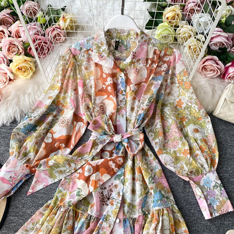 

fashion casual floral office women dress vintage buttons holiday vestidos lantern sleeves, Black;gray