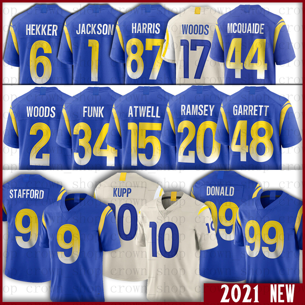 

99 Aaron Donald 9 Matthew Stafford Jersey 10 Cooper Kupp Jalen Ramsey Ernest Jones Jake Funk Tutu Atwell Jacob Harris Robert Woods Eric Dickerson Johnny Hekker, Men(gong yang)