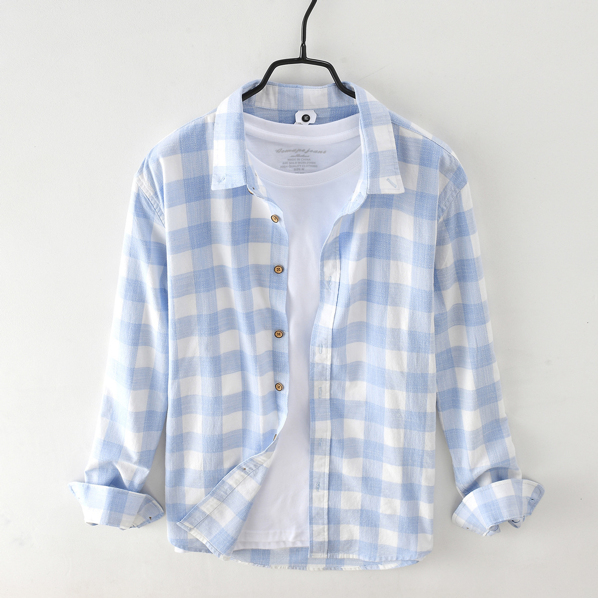

2021 New Men's Summer Shirts Long Casual Wild Sleeve in Fashion Cotton Simple Male Top Plaid Clothing 6285, Blue.