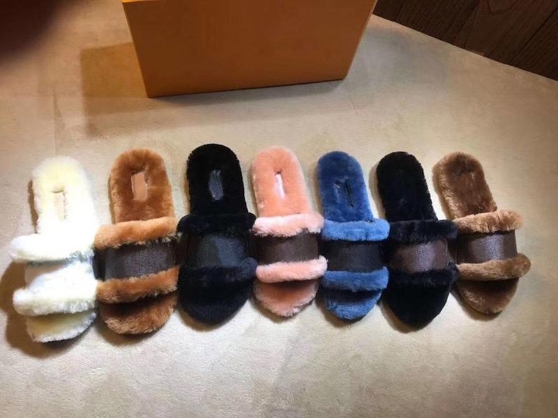

women sandal lock it flat mule Slippers Genuine leather slides Summer Flip Flops Black White Blue Mink fur Shoes size 35-42, 8#