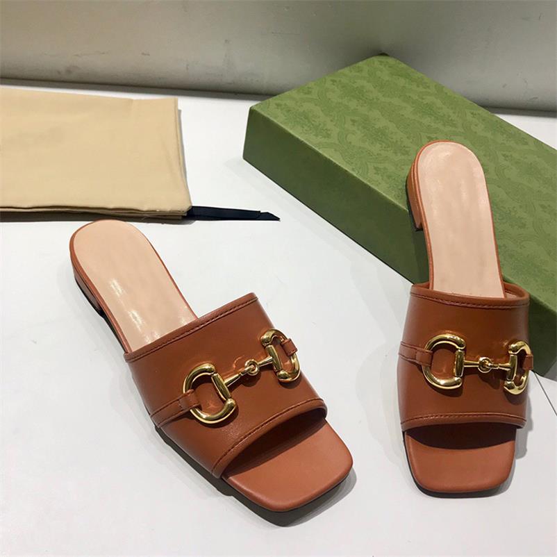 

New Women Double G Slides Sandals Designer Mules rhombi Leather with Horsebit Summer flip flops Sexy Flats Slippers with box 35-42 NO274, Color 10