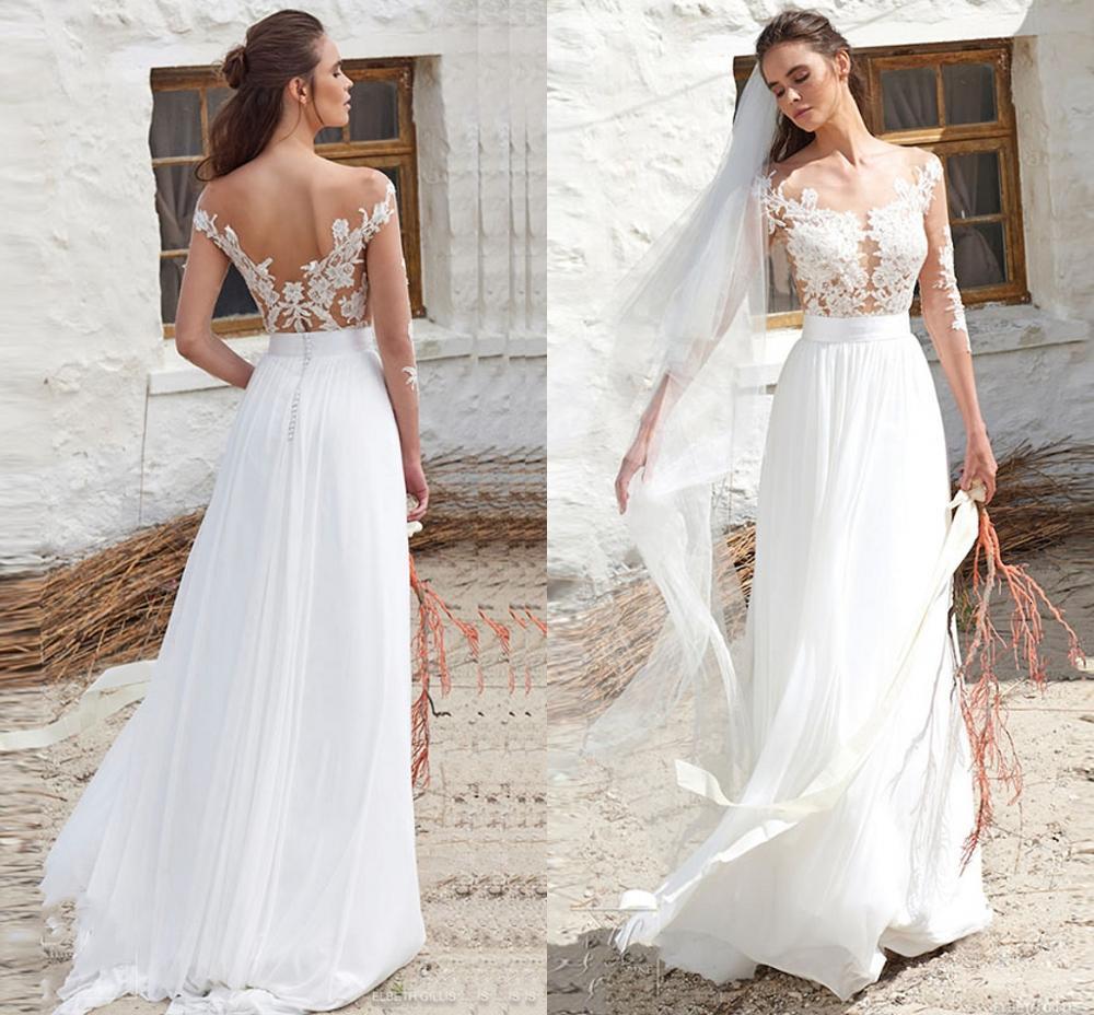 

2021 New Lace Appliques Beach Boho Wedding Es a Line Sexy Vestidos De Noiva Sweep Train Bridal Gown 8otc, White