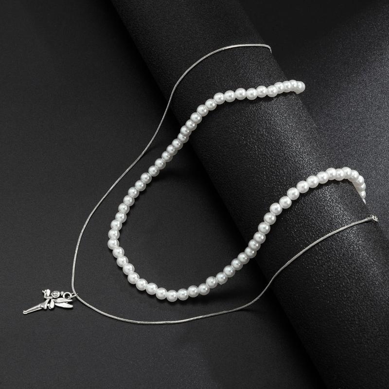 

Pendant Necklaces KunJoe 2pcs/set Korean Trend Cute Angel Necklace For Men Women Hip Hop Punk Pearl Beaded Choker Couple Jewelry, Silver