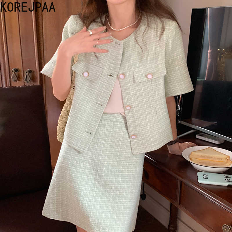 

Korejpaa Women Set Summer Ladies French Temperament Round Neck Chic Button Tweed Jacket High Waist Thin A-Line Skirts 210526, White skirt s