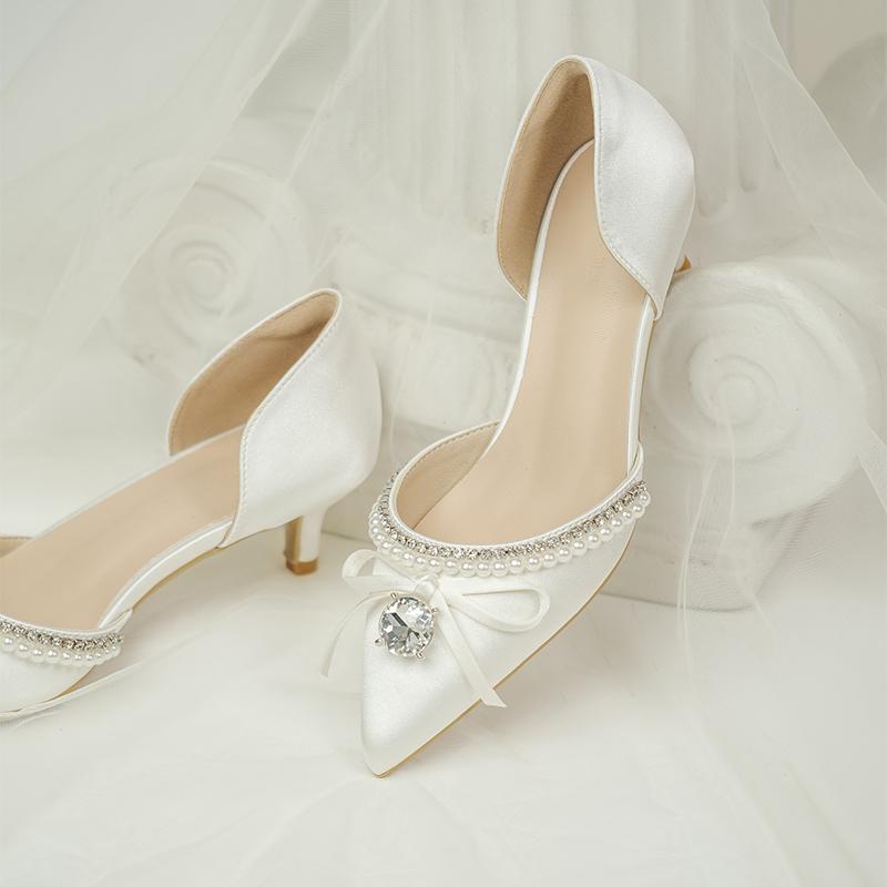

Dress Shoes Summer Pearl Rhinestone Pointed Stiletto Bride Bridesmaid Wedding Small Size Banquet All-match Female Sandals, Heel height 4.5 cm