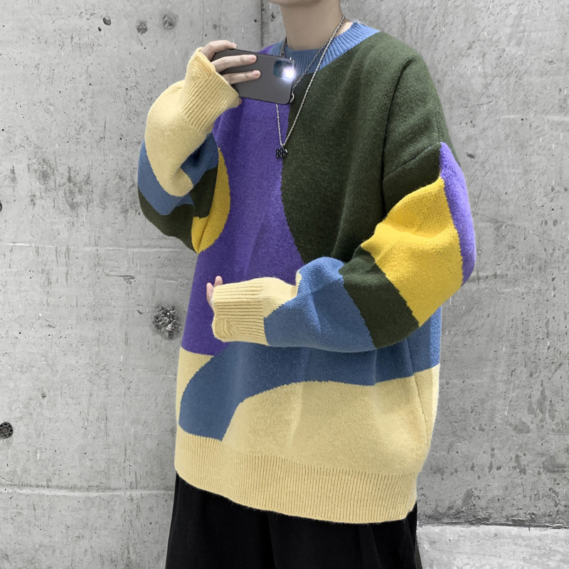 

2021 New Winter Sweater Men's Warm Fashion Contrast Casual Knitted Pullover Men Streetwear Loose Korean Knitting Sweaters Mens Clothes Rjhv, Blue