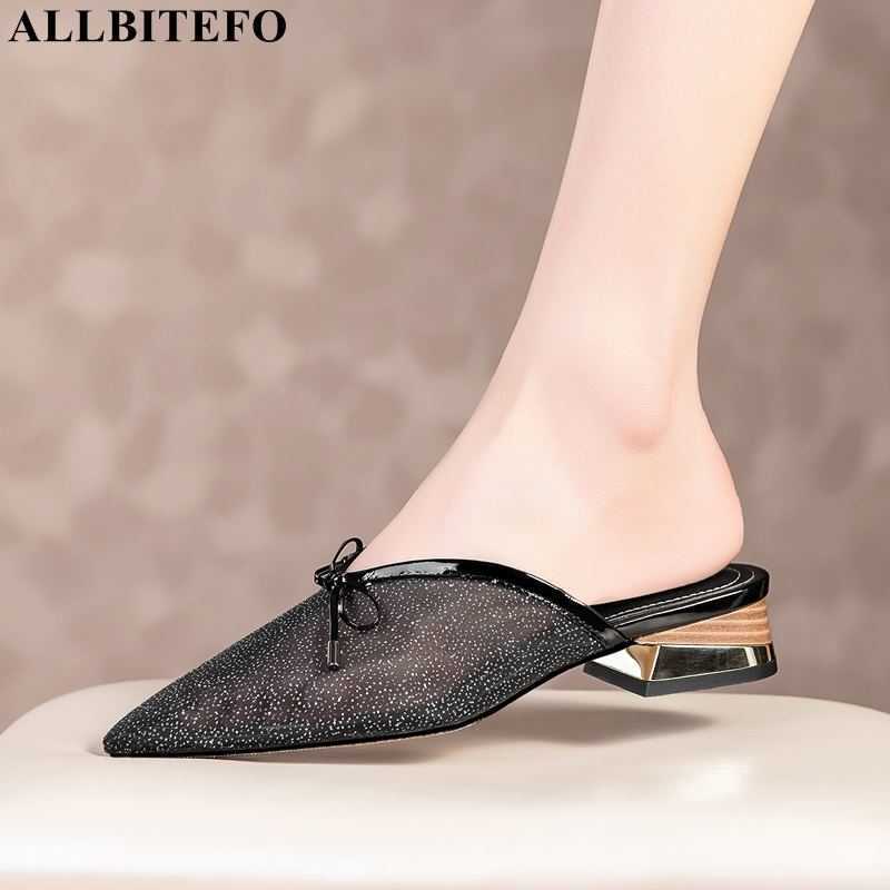

ALLBITEFO comfortable Breathable mesh genuine leather sheepskin insole women sandals slippers summer flip flops high heel shoes 210611, As picture
