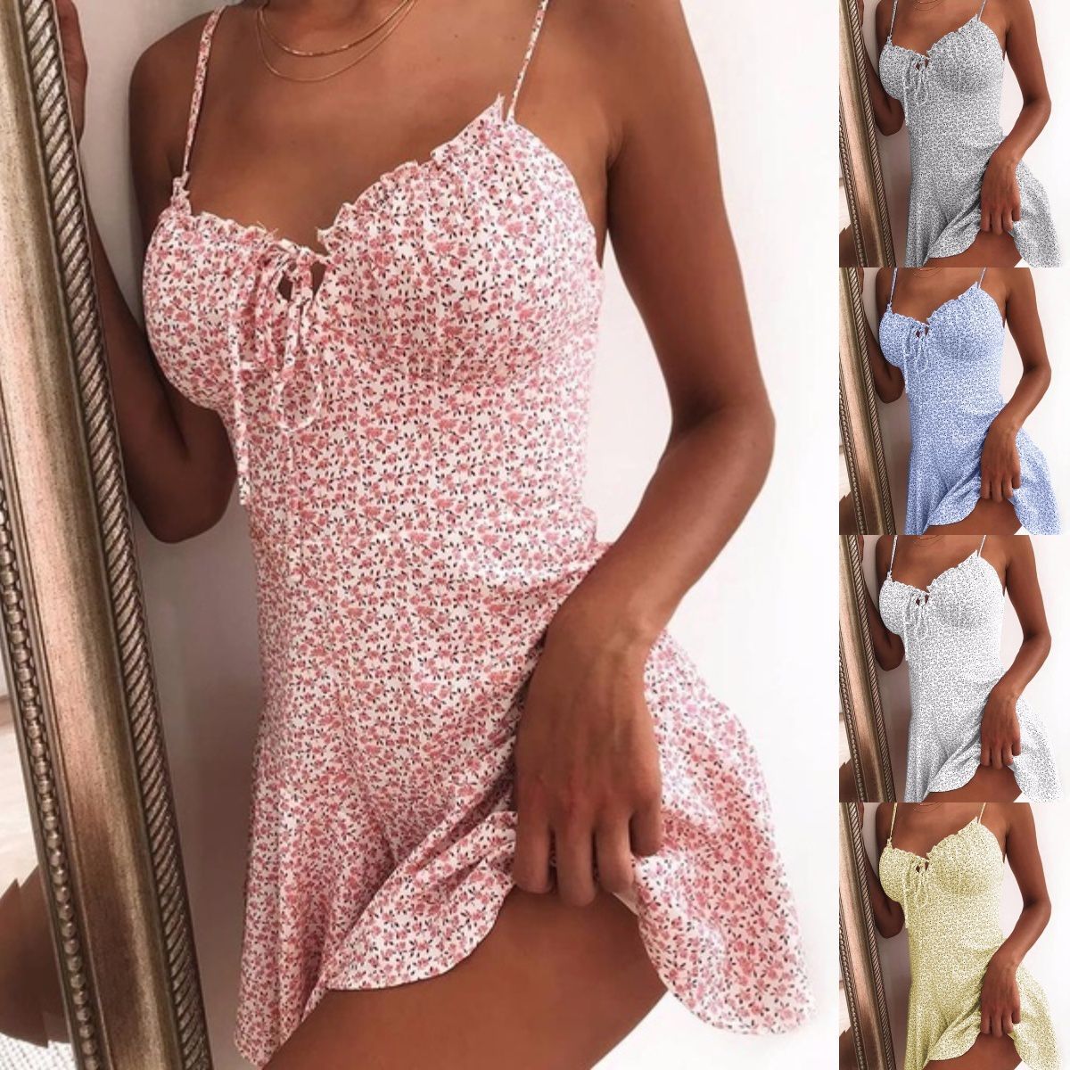 

Summer Dress For Women Tie Front V Neck Elegant Sexy Floral Print Mini Off Shoulder Ruffle Female Backless A-Line, Blue