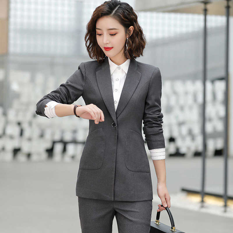 

Suit suit female professional wear interview ladies temperament long-sleeved overalls Two-piece 210527