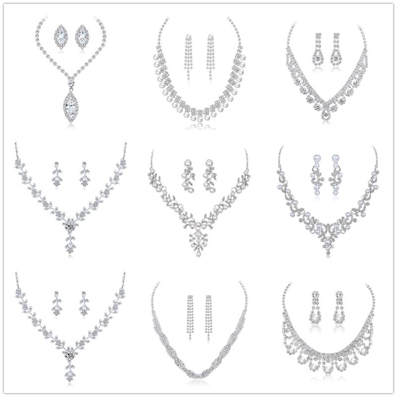 

Wedding Jewelry Sets Luxury Silver Plated Water Drop Austrian Crystal Bridal Charm Necklace Earrings Set, Slivery;golden