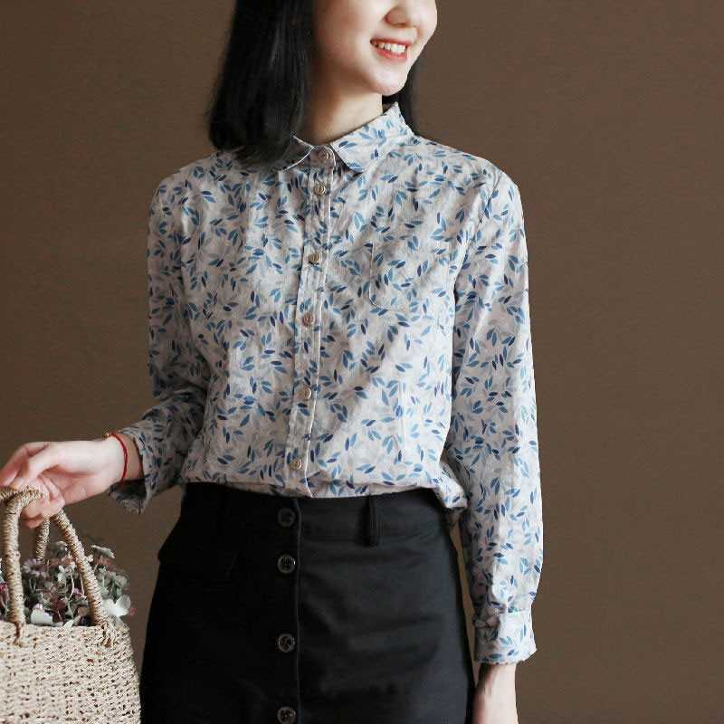 

Spring Arts Style Women Long Sleeve Cotton Loose Shirts All-matched Casual Turn-down Collar Print Blouse Femme V169 210608, Picture color
