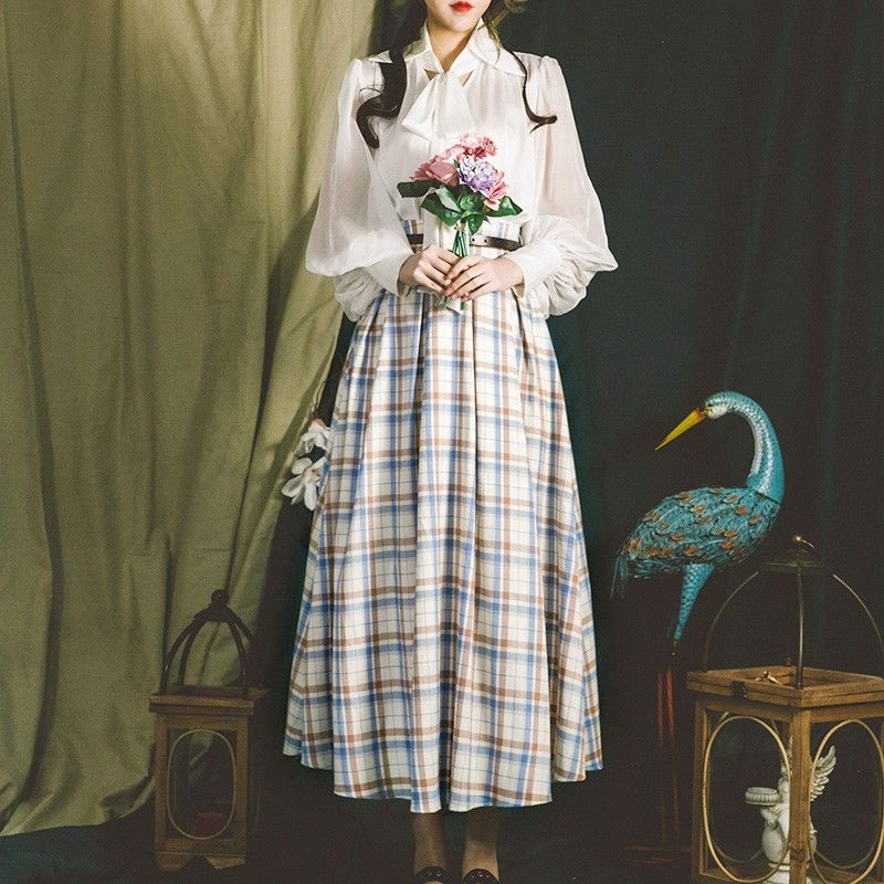 

2021 New Vintage Plaid Elegant Long Waisted Skirt Female Casual Japanese Style High Street Party Skirts Women F6ms, Plaid skirts