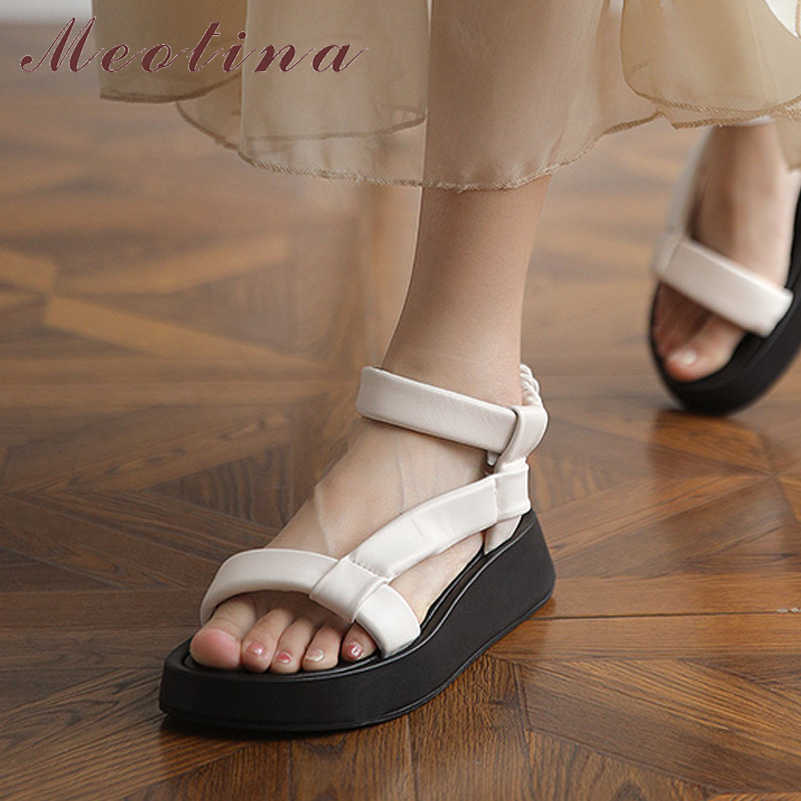 

Meotina Shoes Women Genuine Leather Sandals Flat Ankle Strap Sandals Square Toe Ladies Sheepskin Footwear Summer Black Fashion 210608, Beige
