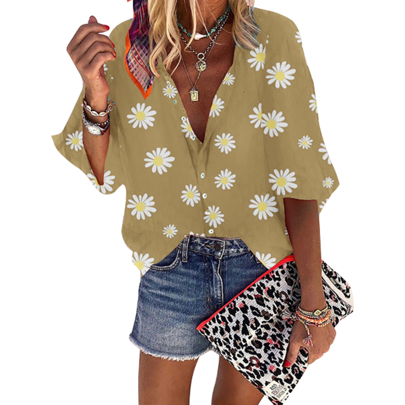

2021 New Blouse Women Spring Summer Floral Print Womens Tops and Blouses V-neck Long Sleeve Office Shirts Streetwear Plus Size Shirt 0z1k, Yellow