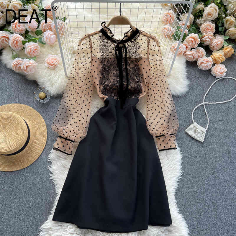 

summer Arrivals Mesh Round Collar Puff Sleeve Stitching Waist Slim A-line Dress MZ726 210525, Black