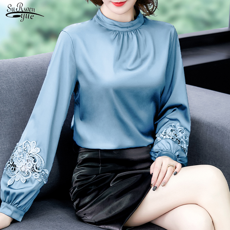 2021 New Fashion Solid Silk Shirt Women Embroidery Office Lady Long Sleeve Plus Size Women Blouse and Tops Blusas Mujer 8501 50 210225Z