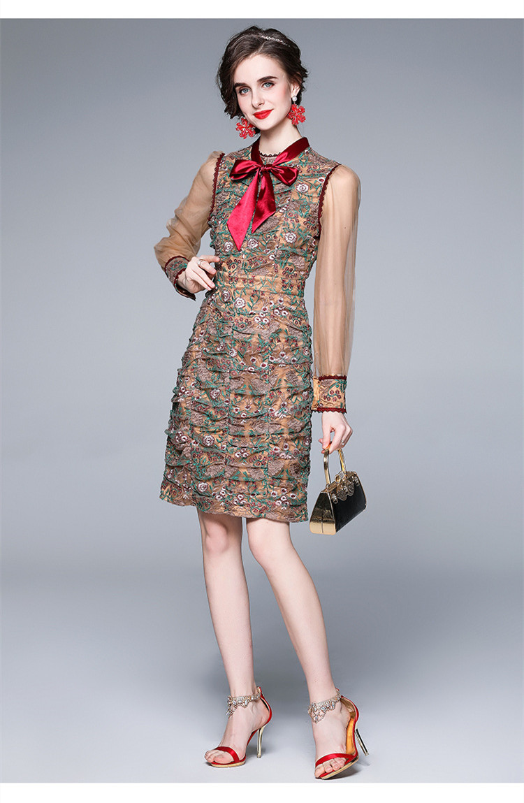 

2021 new women spring dress floral dress long sleeves stand-up collar bowknot mesh embroidery hip skirt, As the picture