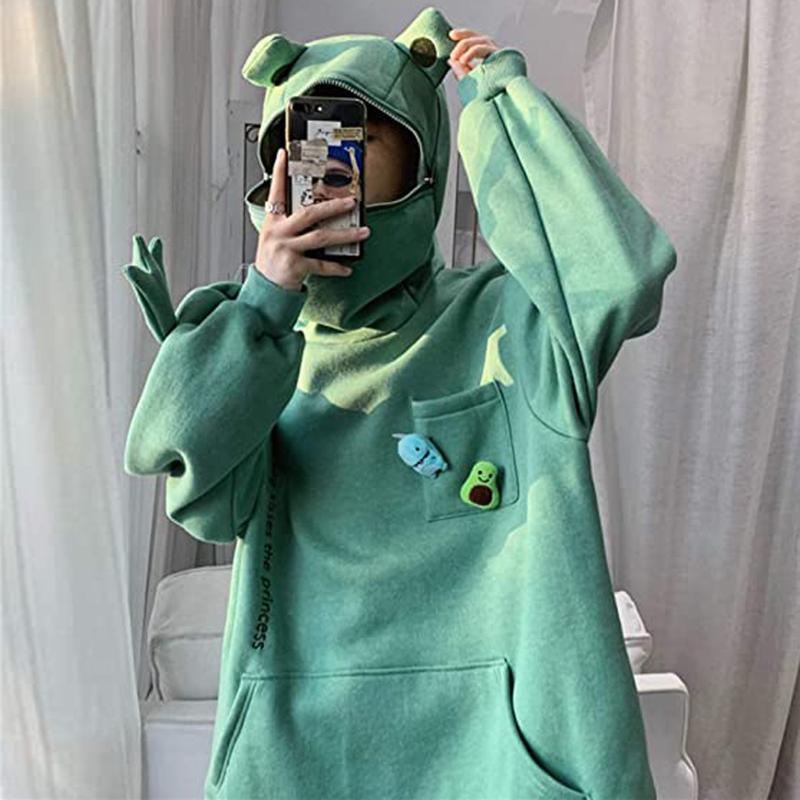 

Women' Hoodies & Sweatshirts Plus Size Sweatshirt Creative Stitching Three-dimensional Cute Frogs Pullover Pocket Zipper Hooded Moleton#35, Black