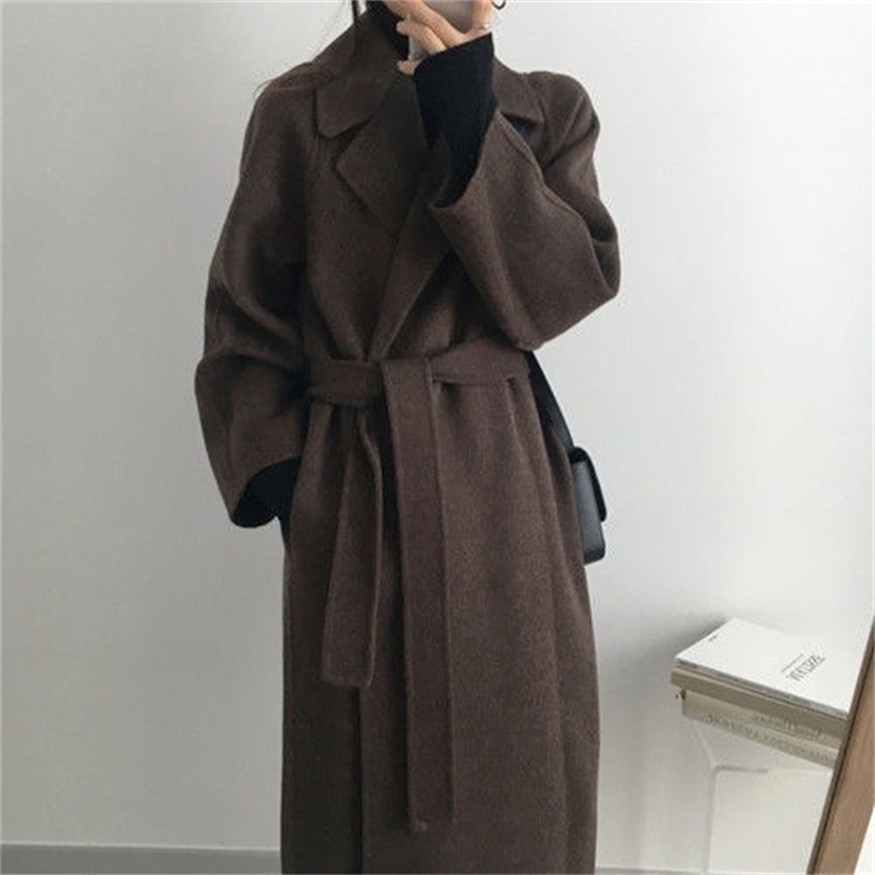

Autumn Winter Women Woolen Coat with Belt Long Sleeve Turn Down Collar Warm Plus Size Manteau Femme Casual Ladies Jacket 210826, Khaki