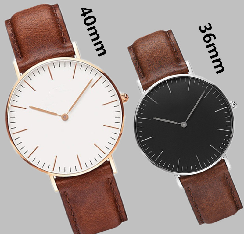 

lady men watches d&w 40mm women 36mm Wellington's high quality Leather belt strap mens watch quartz Designer style Montre de luxe, Slivery;brown