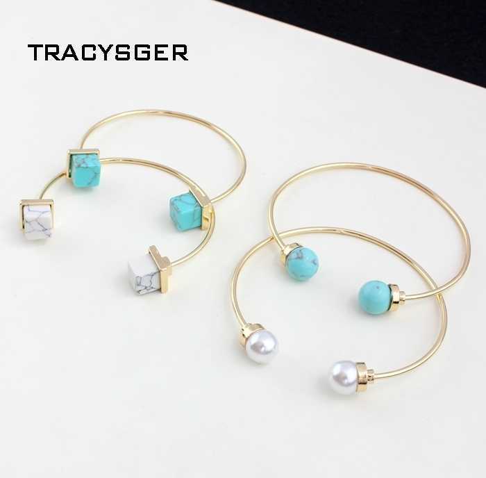 

Ae-sl20603/sweet Girl Jewelry / White, Turquiose Stone Adjustable Bracelet Q0719