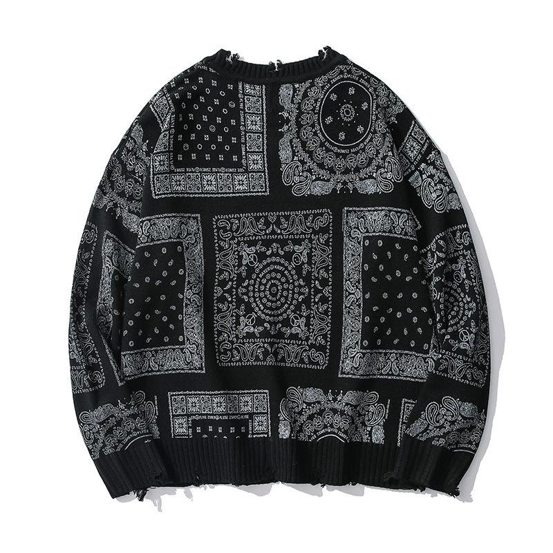 

Men's Sweaters Chic Cashew Jacquard Knitting Pullovers High Street Personality Hole Round Collar Long Sleeve Oversize Sweater, White;black