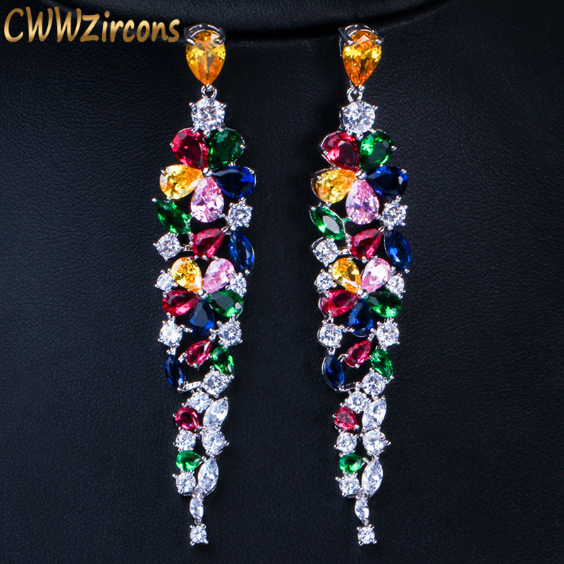 

CWWZircons Multi Color Flower Shape Statement Cubic Zirconia Long Dangling Earrings Fashion Bridal Wedding Party Jewelry CZ422 220214