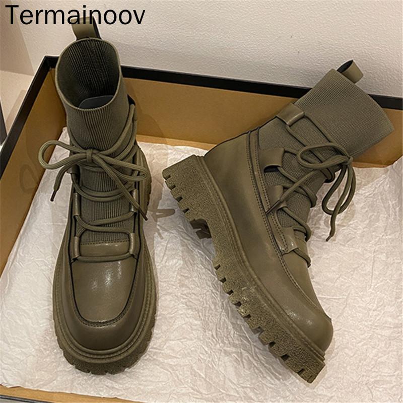 

Boots Termainoov Women Female Fashion Ins Trend Retro Stitching Winter Short, Black