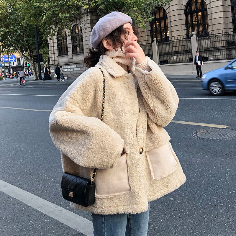 

2021 New autumn and winter fur one thick plush short plus fat jackets women wool coat IK03, Creamy-white