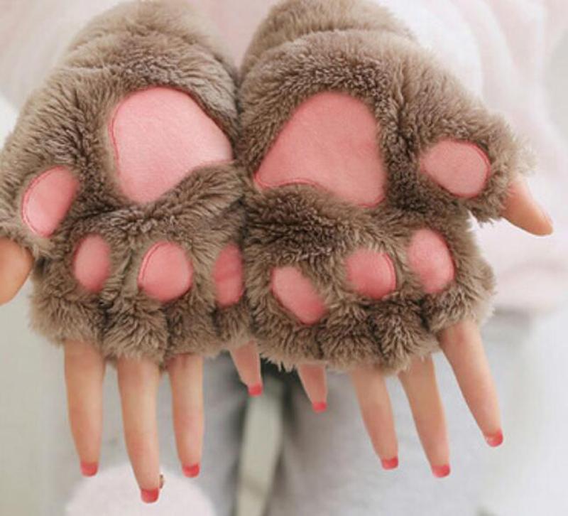 

Five Fingers Gloves 2022 Women Cute Cat Claw Plush Mittens Warm Soft Short Fingerless Fluffy Bear Costume Half Finger Party, Blue;gray