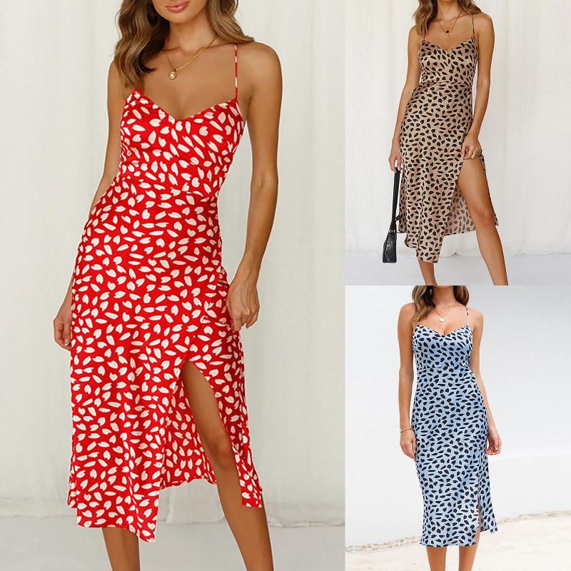 

Casual Dresses Women' Sexy Split Sundress Sleeveless Floral Pattern Print Sling V-neck Mid-calf Dress Beach Holiday Long Ropa Mujer 2021, Blue