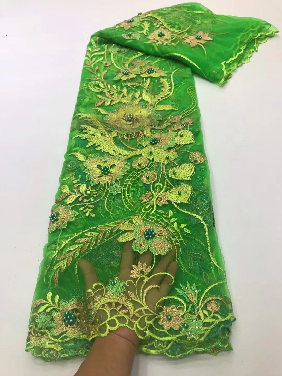

5Yards/Lot Fashion Lemon Jacquard French Net Lace Fabric Flower Embroidery Match Beads African Mesh Material For Dressing LJ15