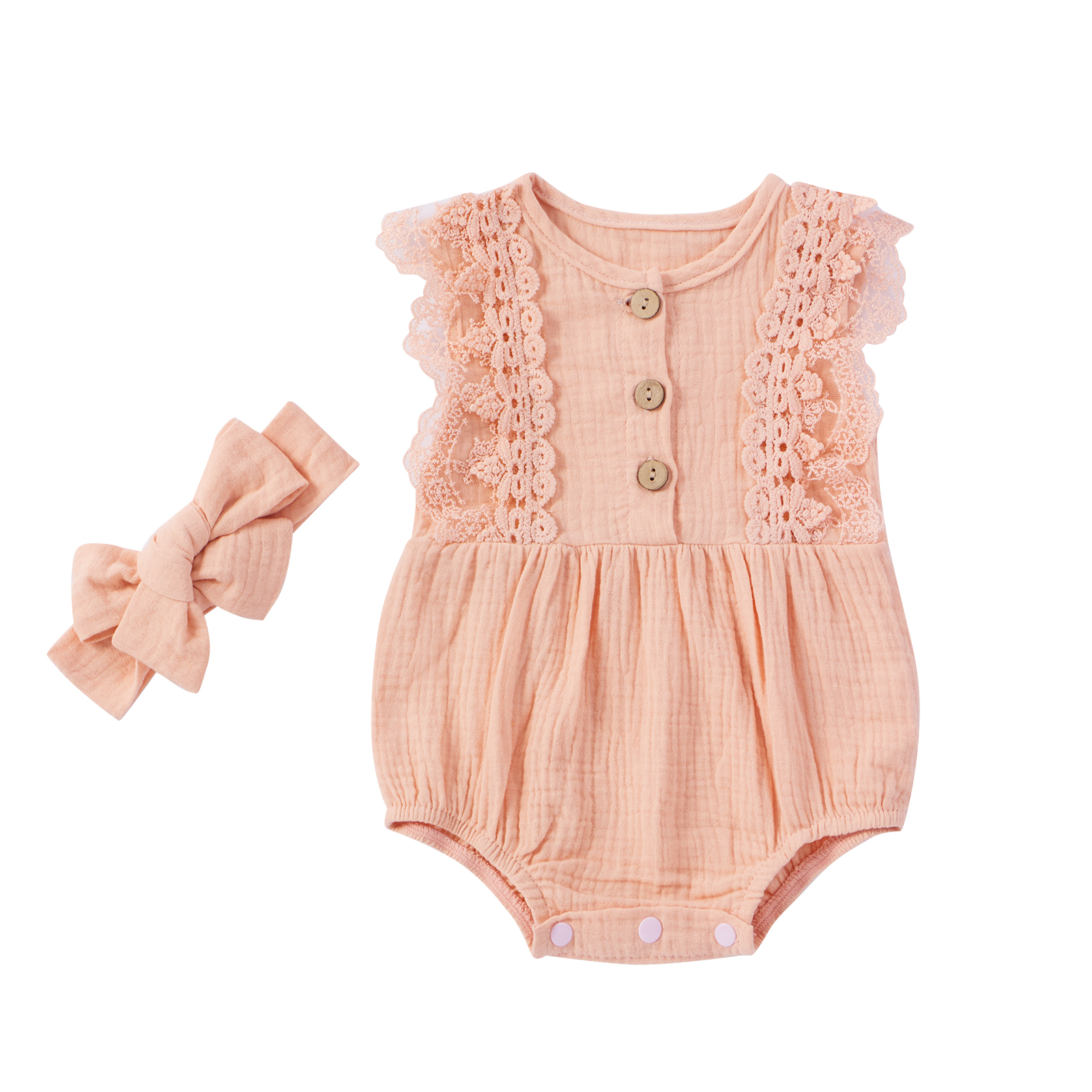 

Newborn Baby Girls Cotton Linen Outfits Sleeveless Lace Sleeveless O-neck Button Romper Jumpsuits Headband Set for Kids Girls, Beige