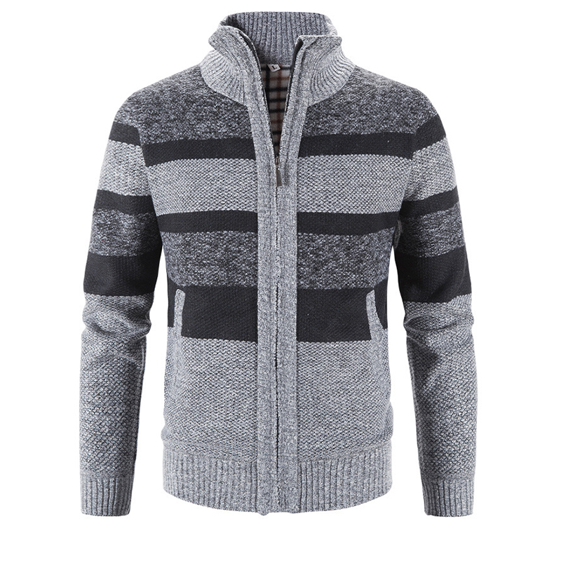 

Men's Block Printed Stand Collar Warm Cardigan Knit Jacket Coat, Black;brown