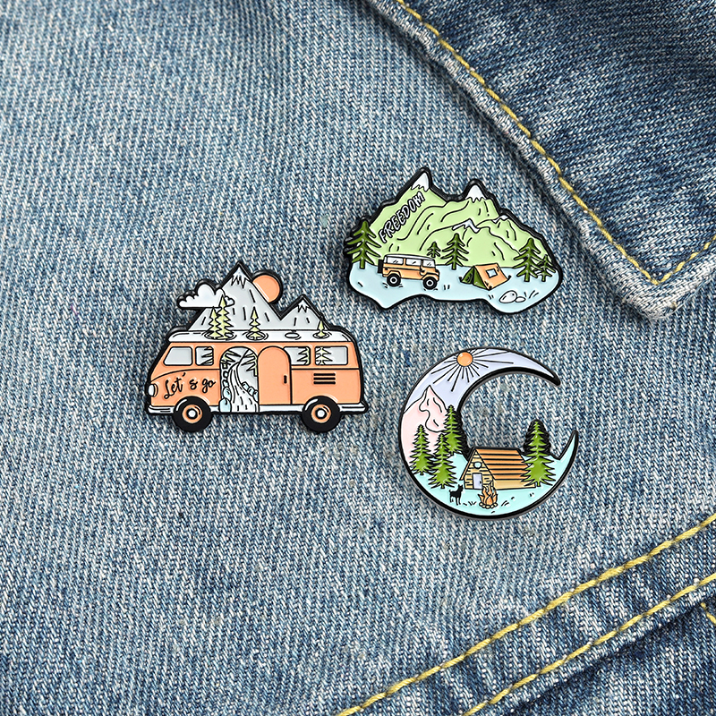 

Bus Moon Camping Enamel Pin FREEDOM Tent House Brooch Clothes Collar Backpack Decoration Jewelry Badge Gifts for Friends