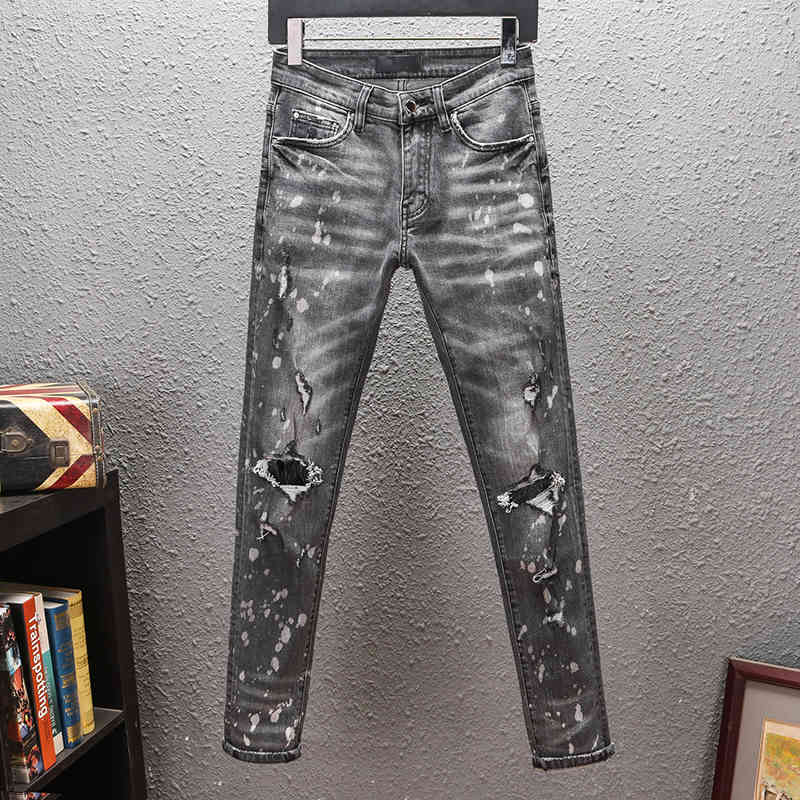 

men's jeans original european-style male jeans, elastic slim italy, straight zipper, shreds, grey jeans with holes ruv5, Blue