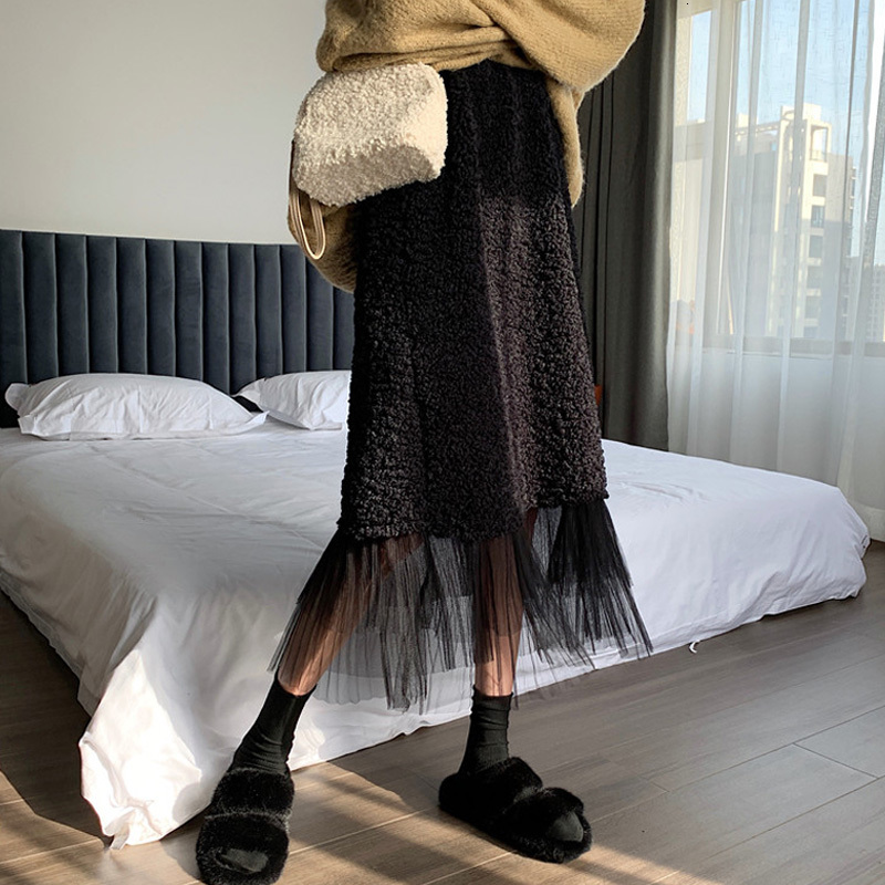 

2021 New Autumn Winter Fleece Mesh Patchwork Elegant Women Midi Skirts Wool High Waist A-line Female Girls Ruffle Tiered Skirt H8df, Black