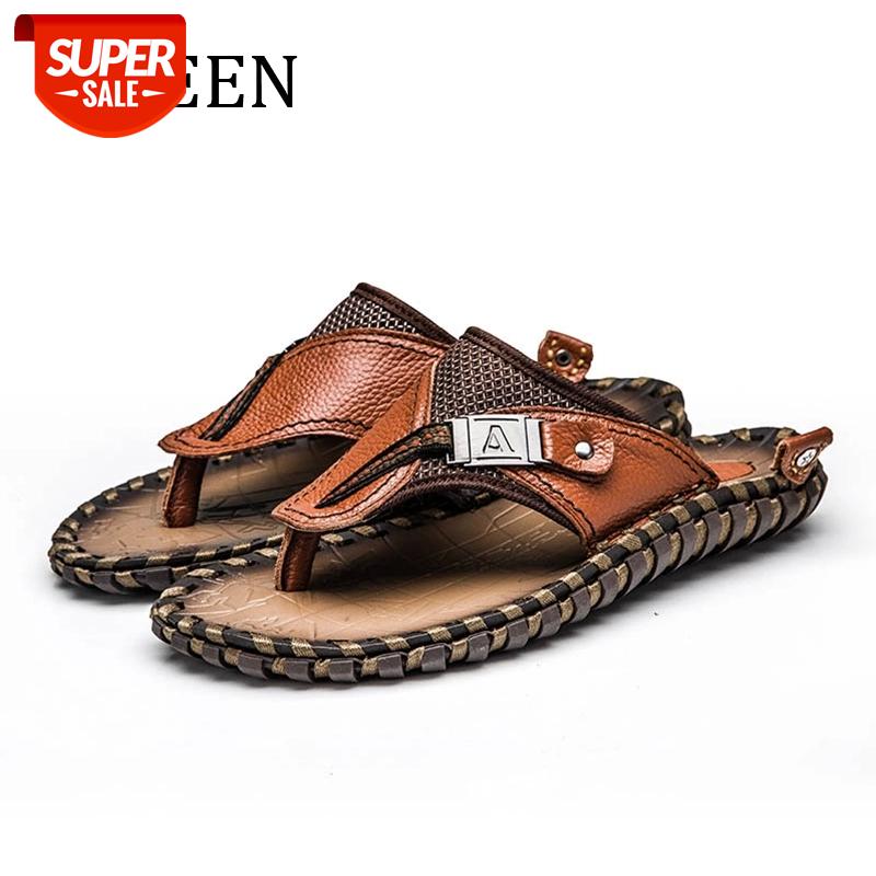 

YWEEN Free Shipping Men's Genuine Leather Slippers Men Handmade Flip Flops Big Size 38-48 #Yj0J, Black