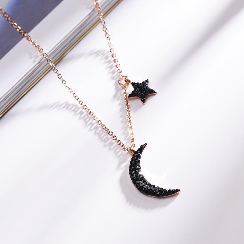 

Pendant Necklaces Trendy Black Zircon Moon Star Titanium Steel Chokers For Women Shining Elegant Rose Gold Party Jewelry Female