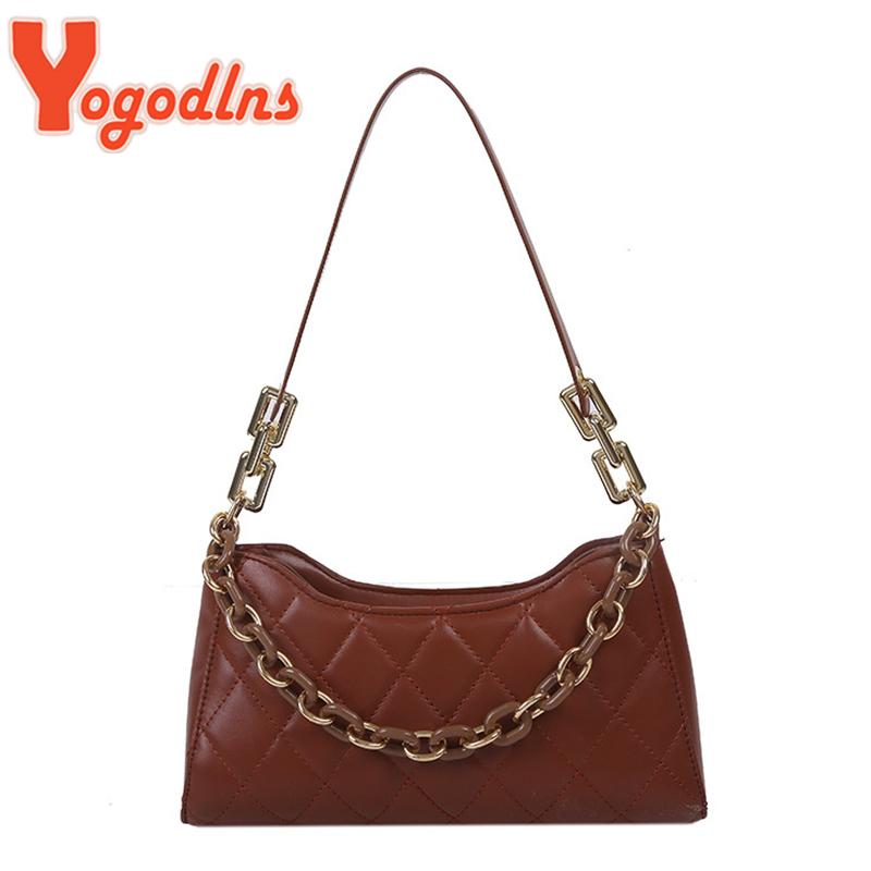 

Yogodlns Luxury Chains Baguette Bag For Women PU Leather Shoulder Bag Designer Armpit Casual Handbag Trendy Lady Purse Bolso, Brown